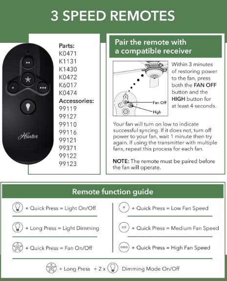 hunter 3-speed remotes pairing